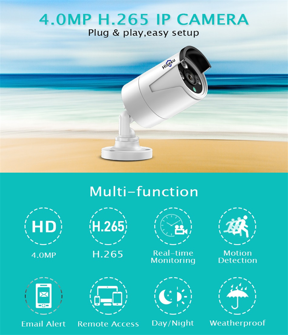Hiseeu HB624 H.265 4MP Security IP Camera POE ONVIF Outdoor Waterproof IP66 CCTV P2P Video Camera 75