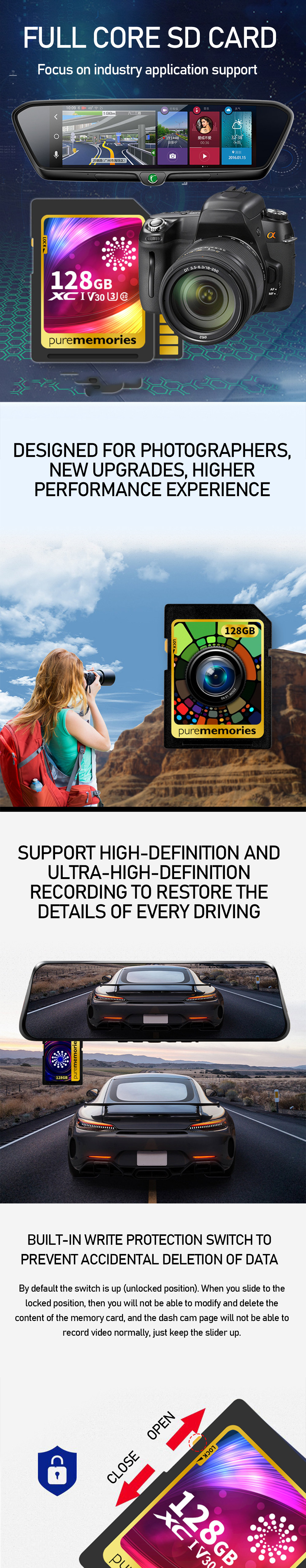 Pure Memories Class 10 High Speed SD Memory Card 64GB 128GB 256GB SD Flash Card Smart Card for Camera Driving Recorder