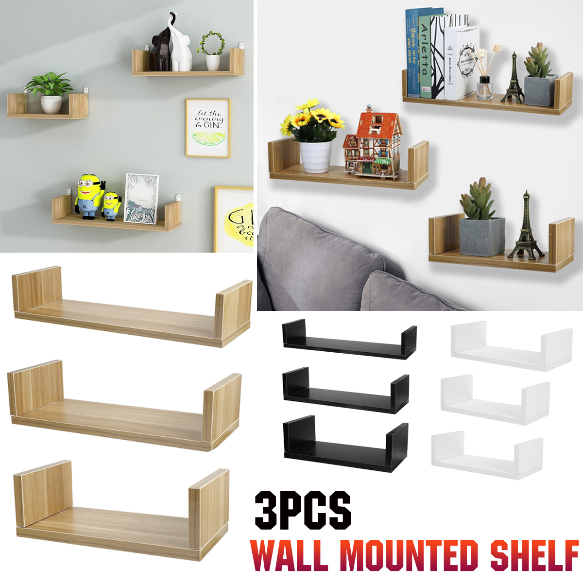 U Shape Wall Mounted Storage Shelves Room Display Floating Shelf Units MDF Wood