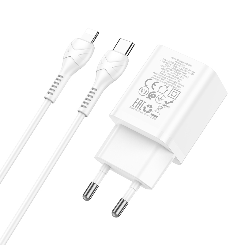 HOCO N28 20W 2-Port USB PD Charger PD20W+QC3.0 Dual Port Fast Charging Wall Charger Adapter EU Plug with 1m Long Type-C to iP Cable for iPhone 14 Pro for iPad Pro