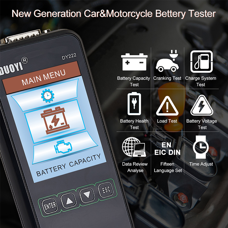 DY222 12-24V New Generation Automobile And Motorcycle Battery Tester Supports 15 Languages
