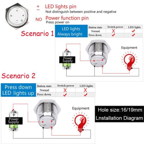 12V 5 Pin 16mm LED Light Metal Push Button Momentary Switch Waterproof 
