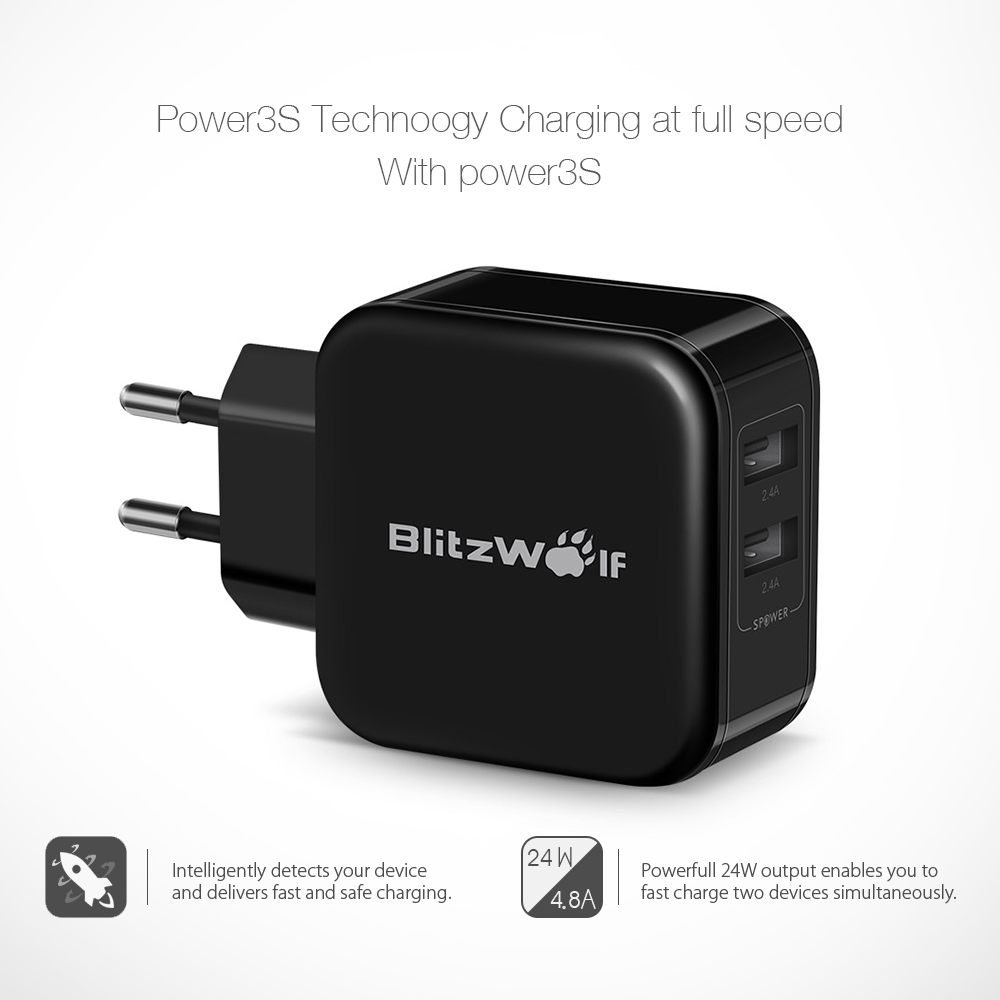תוצאת תמונה עבור ‪BlitzWolf® BW-S2 4.8A 24W Dual EU USB Charger With Power3S‬‏