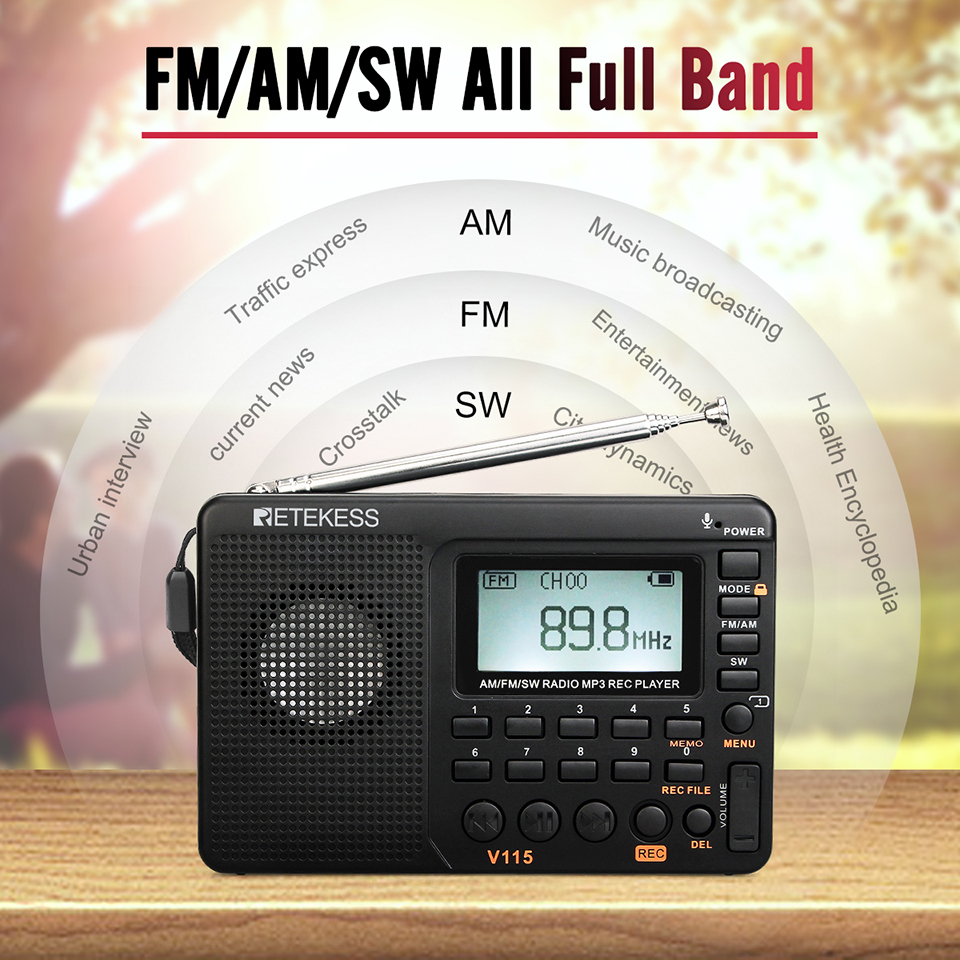 Retekes V115 Radio FM AM SW Portable Radios Rechargeable Shortwave Radio Devices All Full Waves USB Recorder Sleep Time