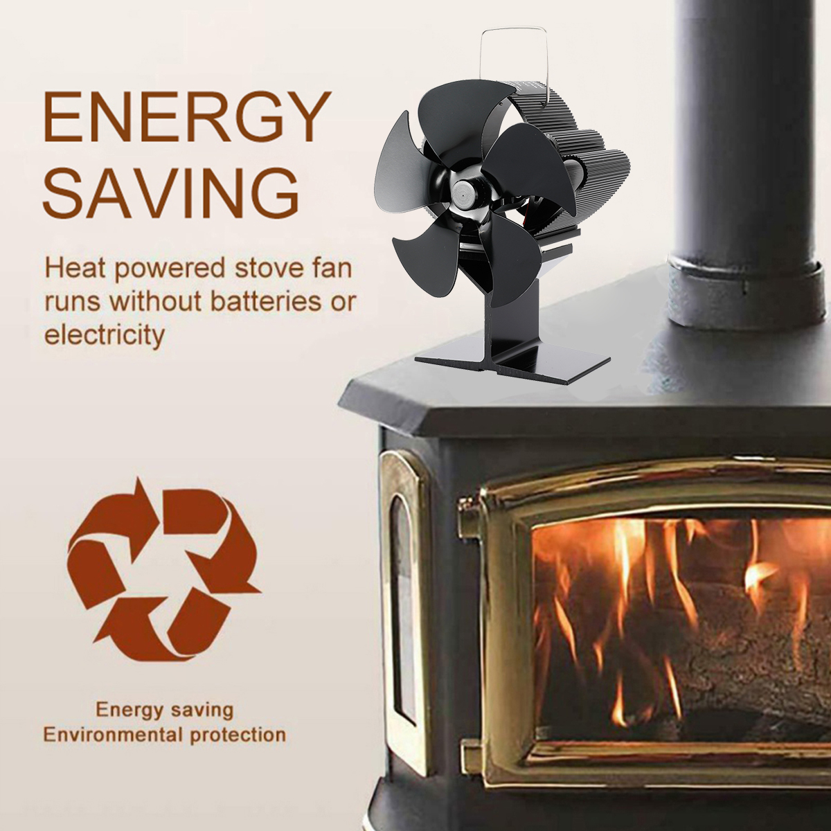 1350Rpm Pro 5 Leaves Stove Fan Heat Powered Motor Energy Saving Fireplace EcoFan