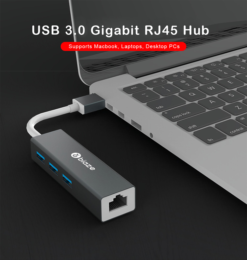 Biaze ZH17 Aluminum Alloy USB 3.0 to 3-Port USB 3.0 + 1000Mbps Gigabit RJ45 Ethernet Hub 6