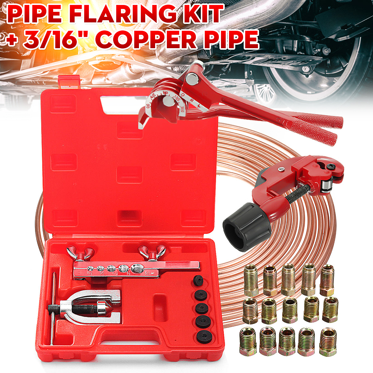 9pcs Brake Pipe Flaring Kit Fuel Repair Tool Set Tube Bender Cutter Storage Box