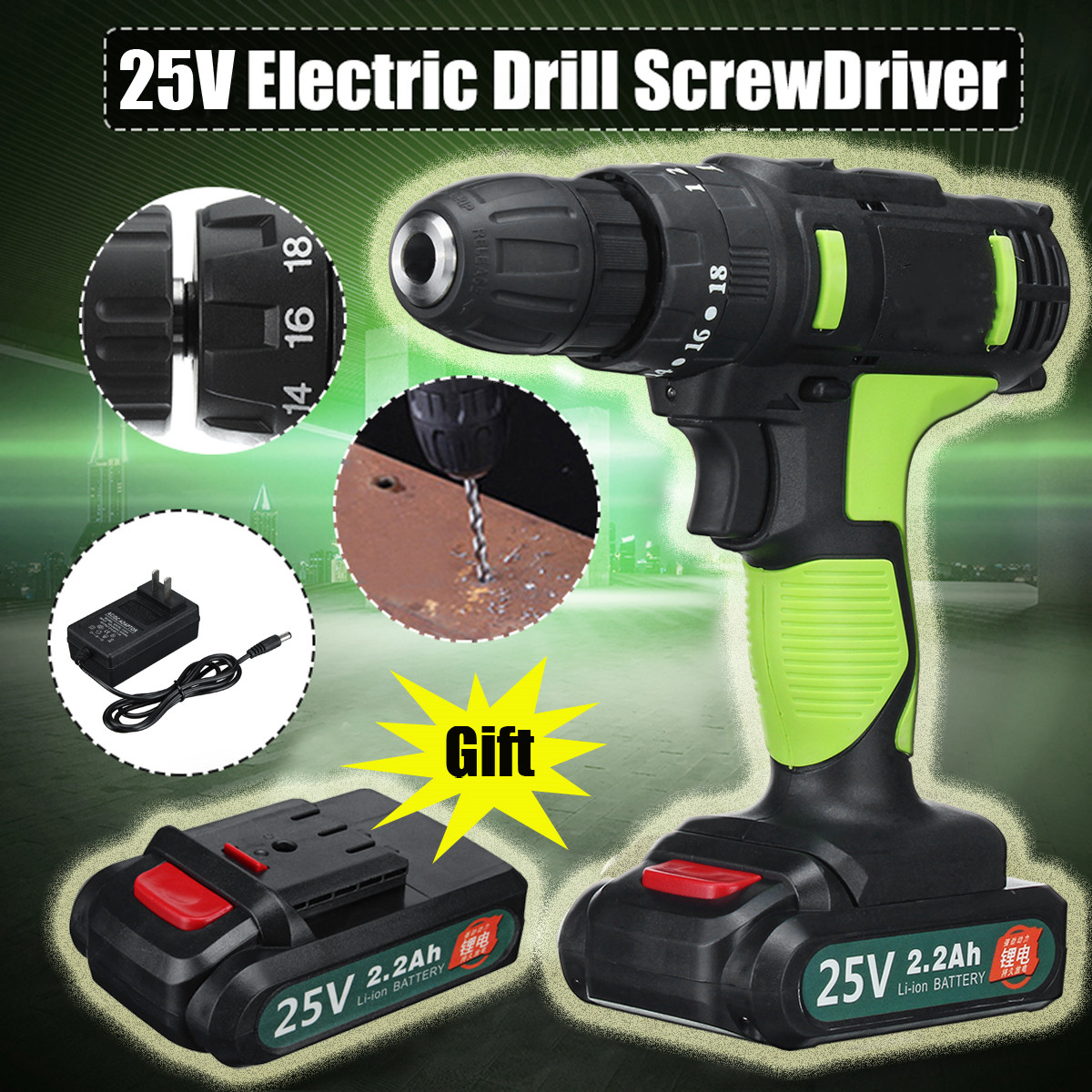 3 in 1 25V Cordless Electric Screwdriver 2 Speed Impact Hand Drill Chuck 0.8-10mm