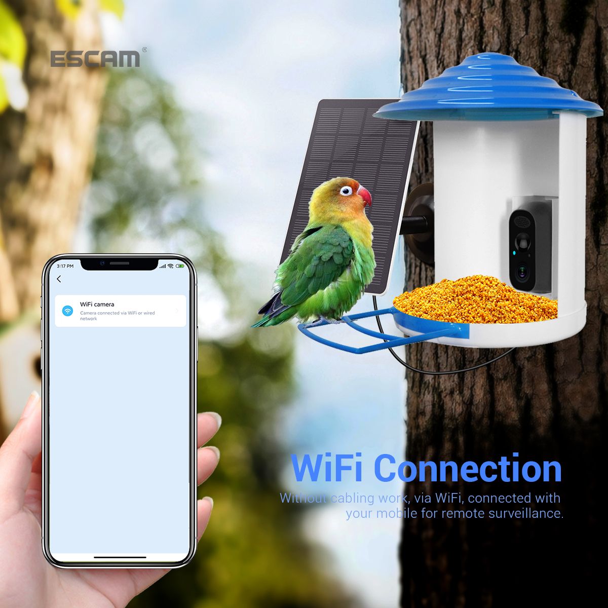 ESCAM PT388 2MP WiFi Security Camera with Solar Panels Wireless PIR Birds Detection Night Vision Two-way Audio AP Connection 5200mAh IP66 Waterproof Home IP Cameras with Bird Feeder House