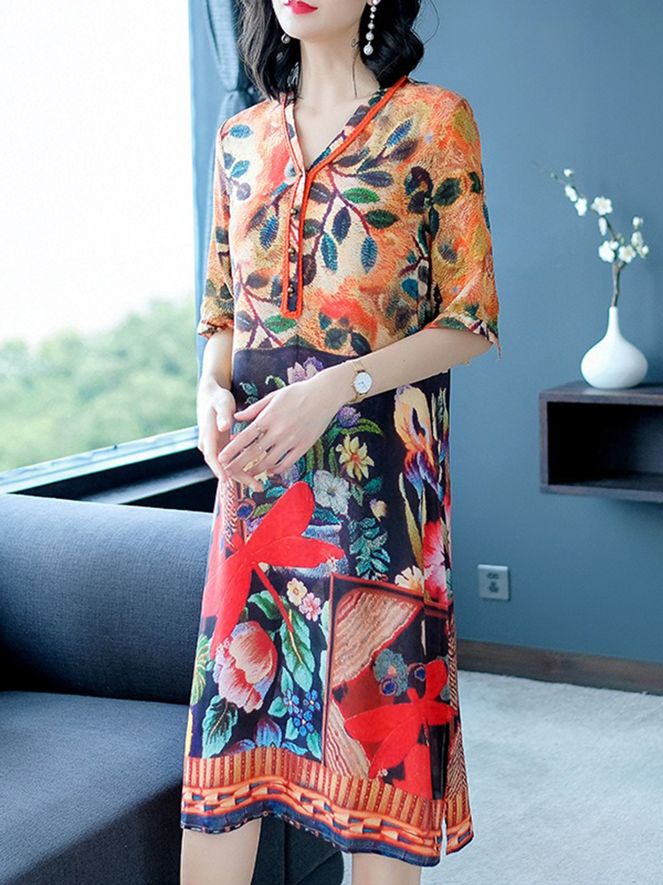 Women Half Sleeve V-neck Floral Print Silk Vintage Dress