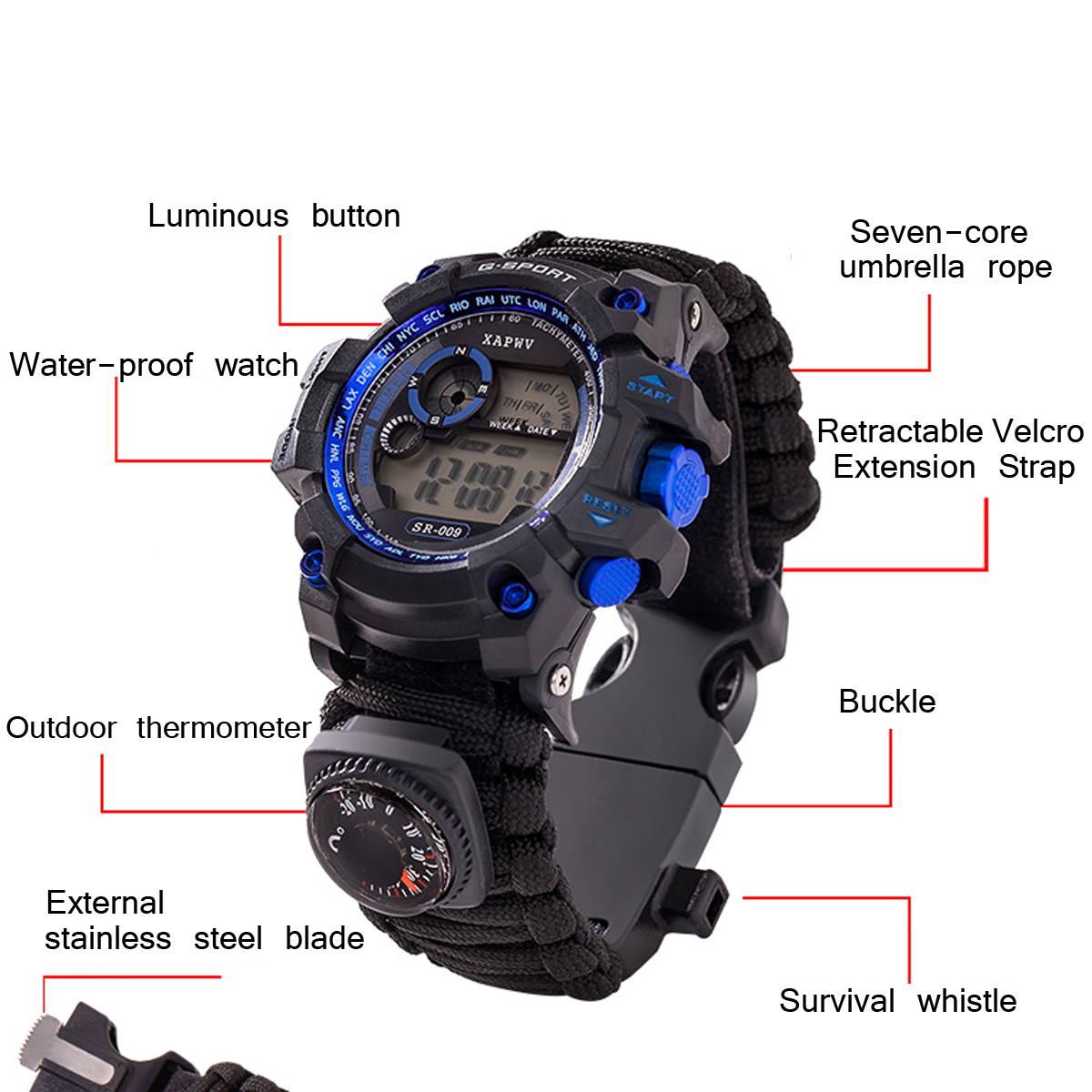 7 In 1 Survival Watch Camping Multifunctional Compass Date Alarm Paracord Bracelet LED Backlight Gadget EDC Tool