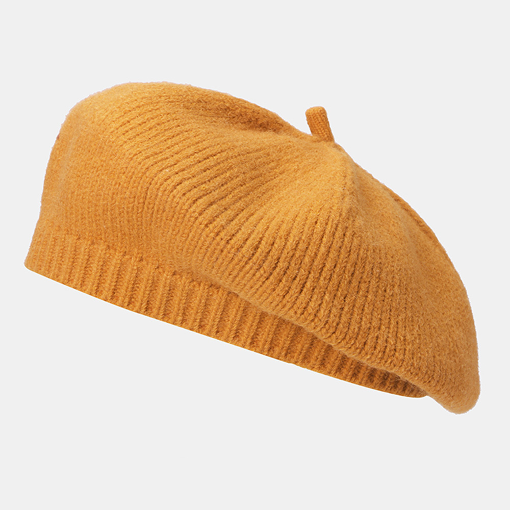 Women Woolen Solid Color Winter Warm Knitted Hat British Retro Dome Elastic Sunshade Beret Cap Painter Hat