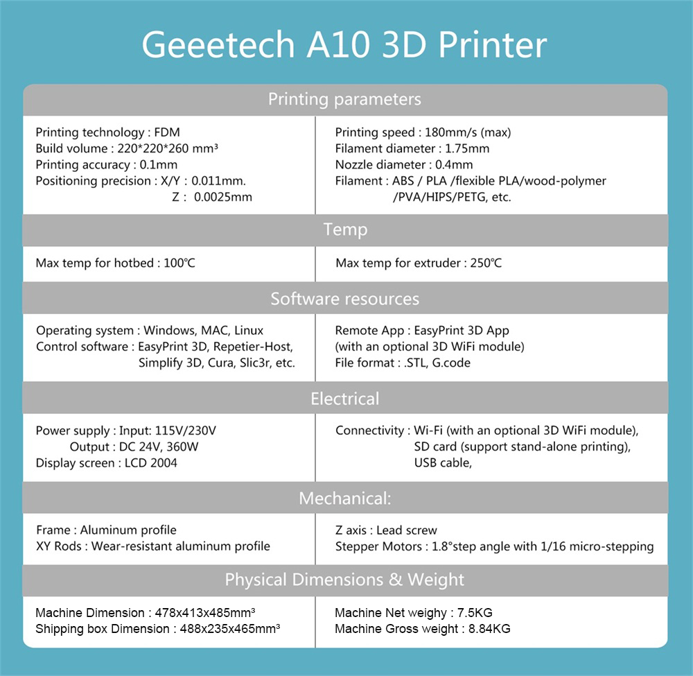 Geeetech® A10 Aluminum Prusa I3 3D Printer 220*220*260mm Printing Size With Open Source GT2560 Control Board Support Remote Control/Off-line Printing 65