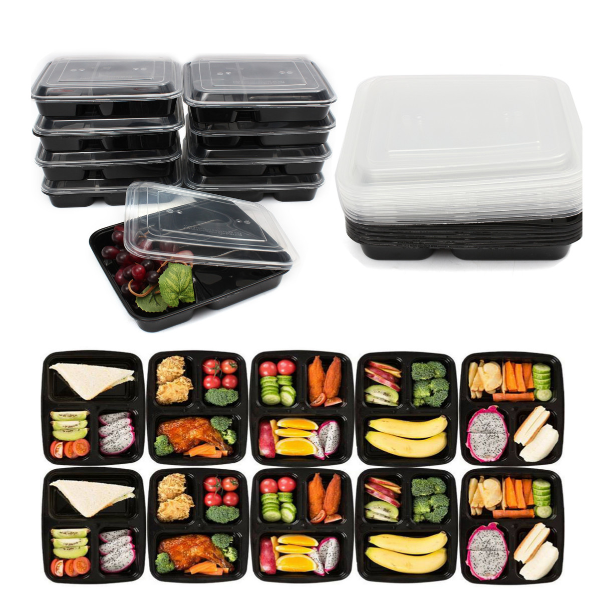 

10Pcs Meal Prep Lunch Box 3 Compartment Plastic Reusable Kitchen Microwavable Food Storage Container