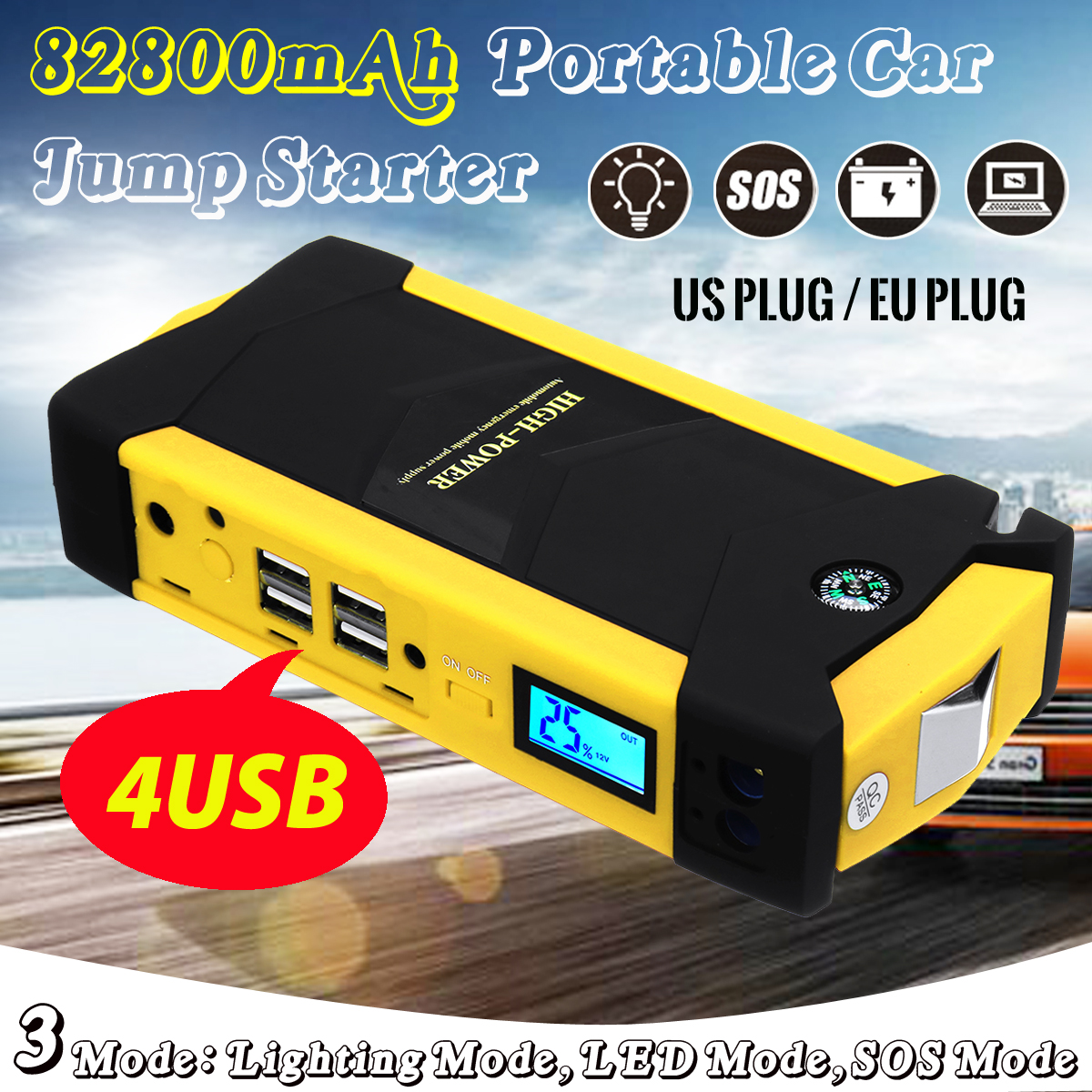 4USB Car Jump Starter 82800mAh Jump Starter Battery Pack Portable Boaster Power Bank Dual Start