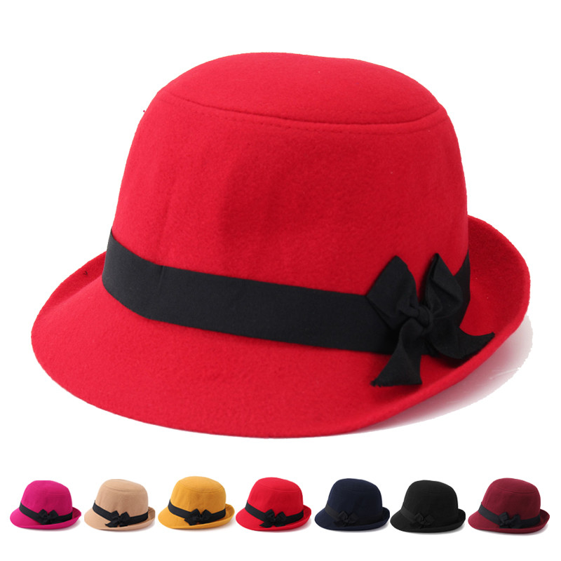 

Women Wool Imtiation Fedora Trilby Cloche Cap Bow Felt Wide Brim Bowler Bucket Hat