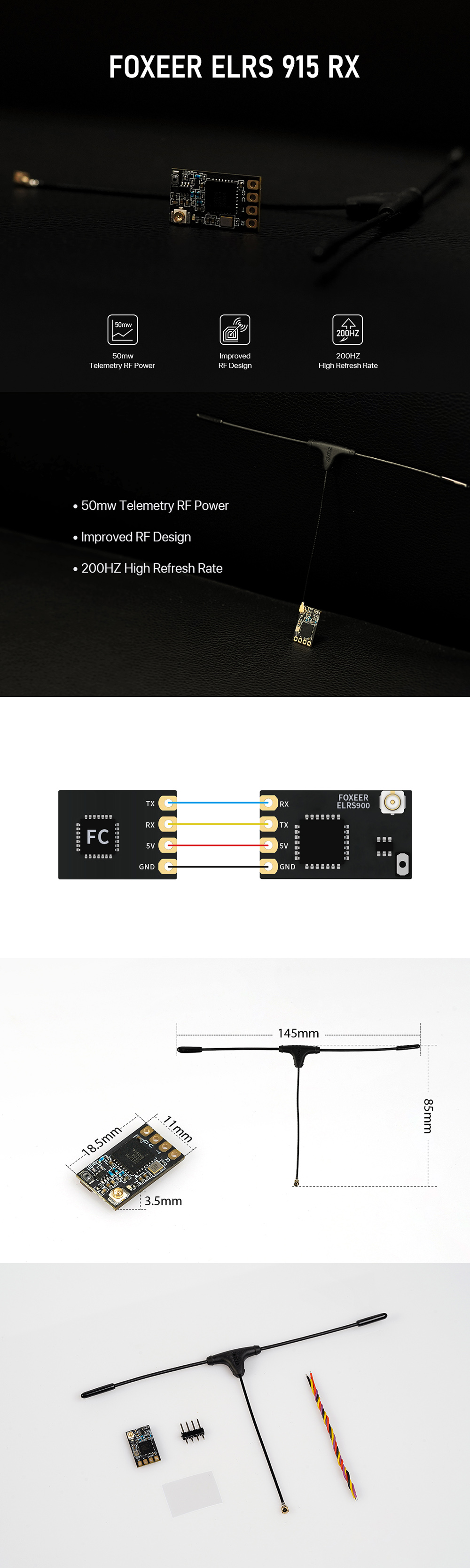 Foxeer ELRS 915/868MHz High Refresh Rate Ultra Light Receiver for FPV RC Racing Drone Airplane