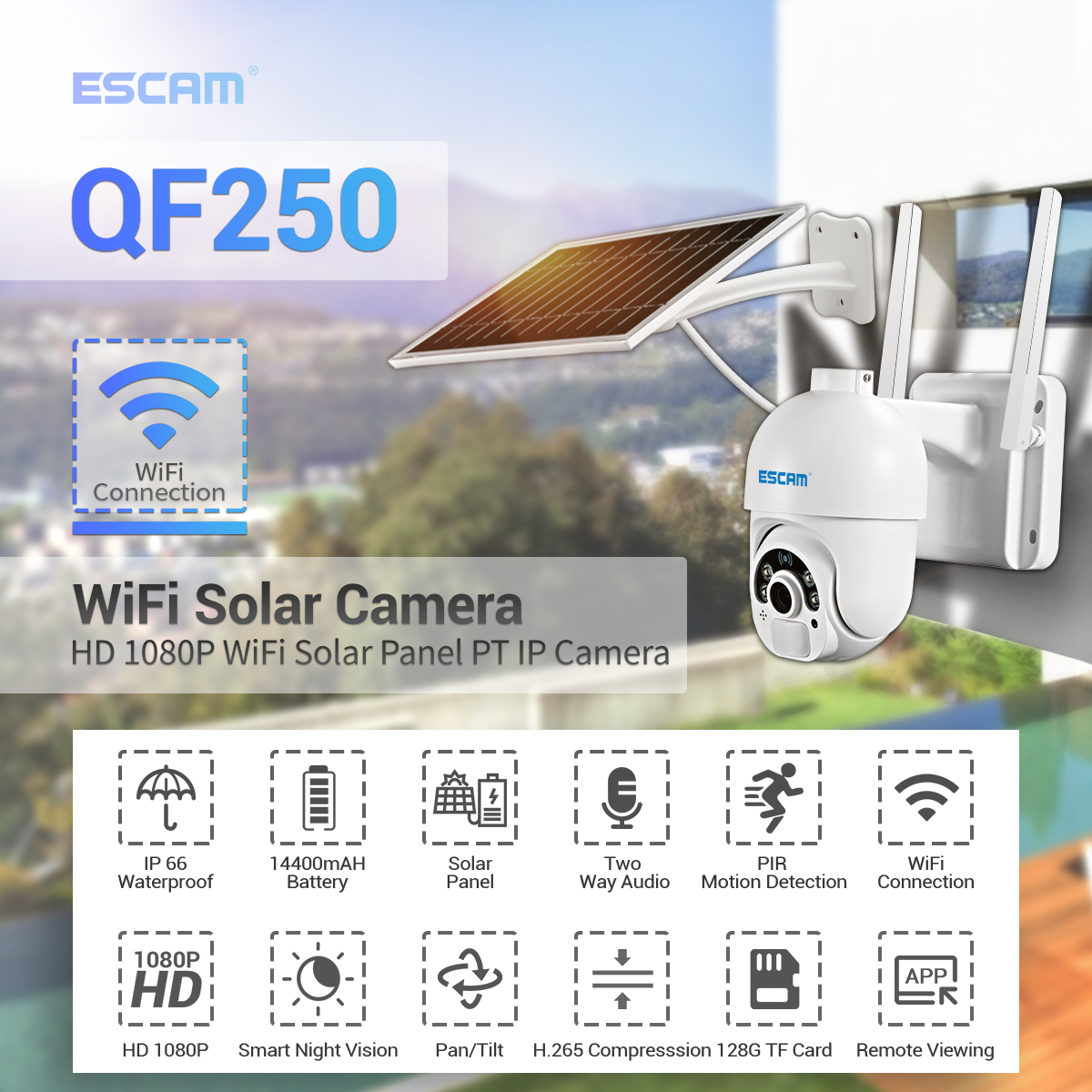ESCAM QF250 1080P Cloud Storage WIFI Battery PIR Alarm Dome IP Camera With Solar Panel Full Color Night Vision PTZ Two Way Audio IP66