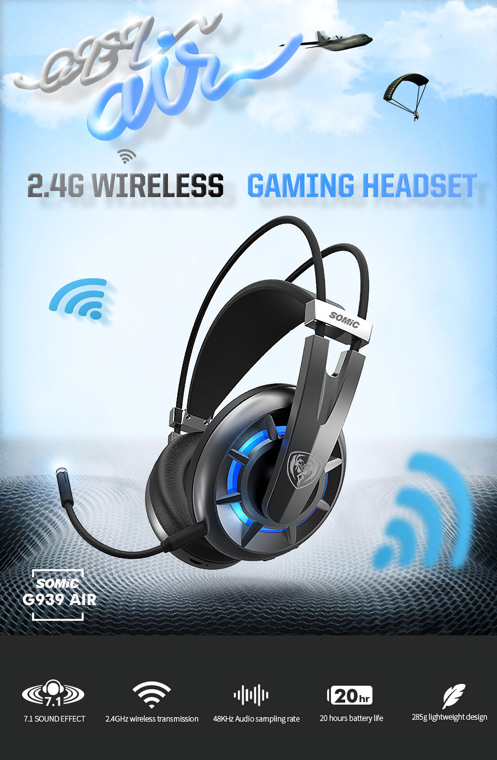SOMiC G939AIR 2.4GHz Wireless 7.1 Channel Surround Sound Stereo Gaming Headphone Headset with Mic 48