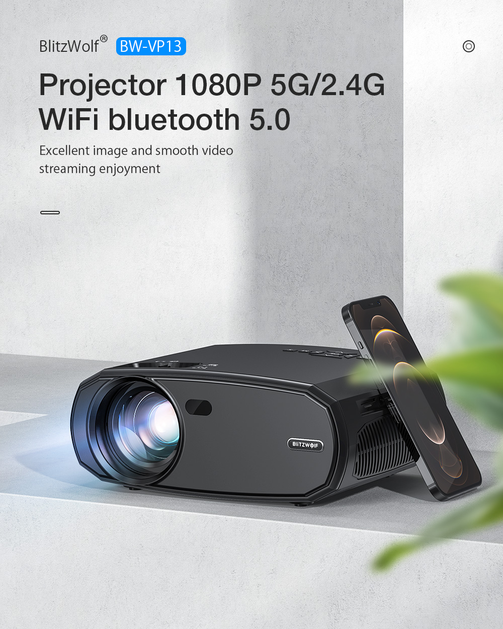 [5G WIFI] BlitzWolf®BW-VP13 1080P WIFI Projector Full HD 2.4G/5G WIFI Cast Screen Mirroring 6000 Lumens Bluetooth 5.0 Manual Focus Keystone Correction 180-Inch Projector for Outdoor Movie Home
