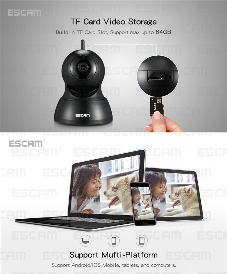 ESCAM QF007 720P 1MP WiFi IP Camera Night Vision Pan Tilt Support Motion Detection 64G TF Card 15