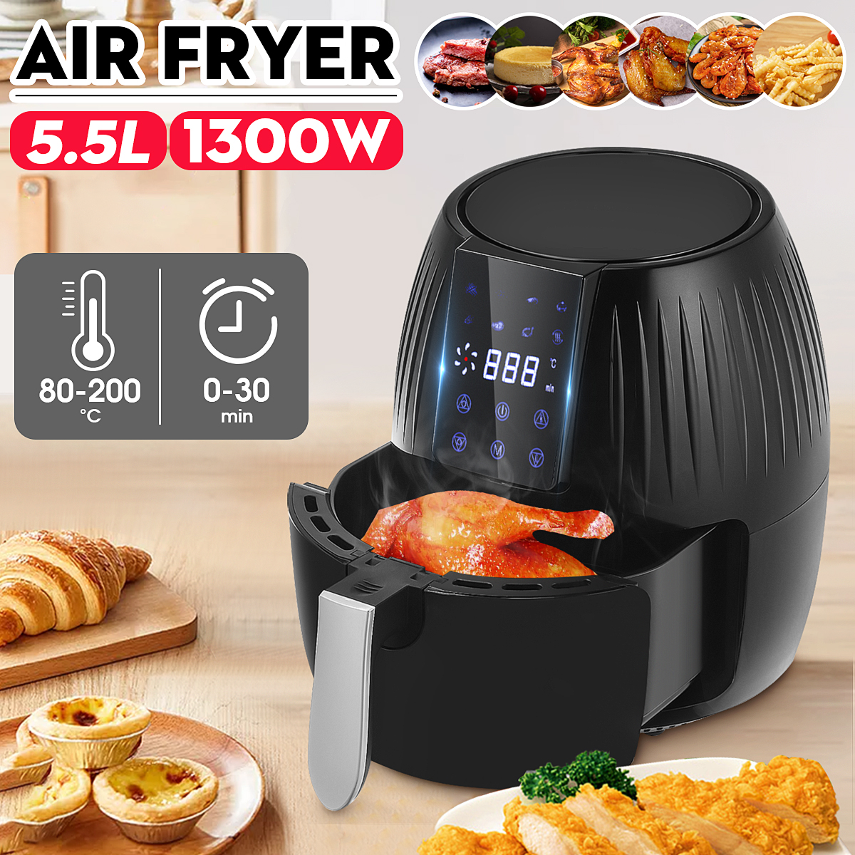 1300W Electric Hot Air Fryers Oven Oilless Cooker 5.5L Large Capacity Touch Screen 360° Cycle Heating  with Non Stick Pot Liner