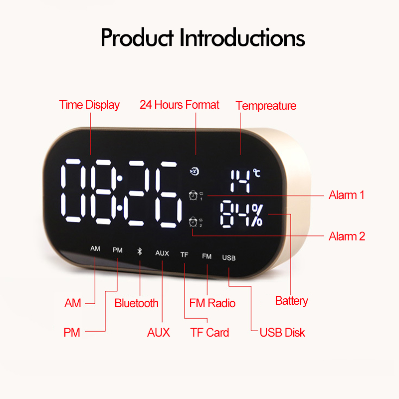 yAyusi S2 Dual Units Wireless Bluetooth Speaker LED Display Clock Mirror FM Radio Heavy Bass Speaker 43