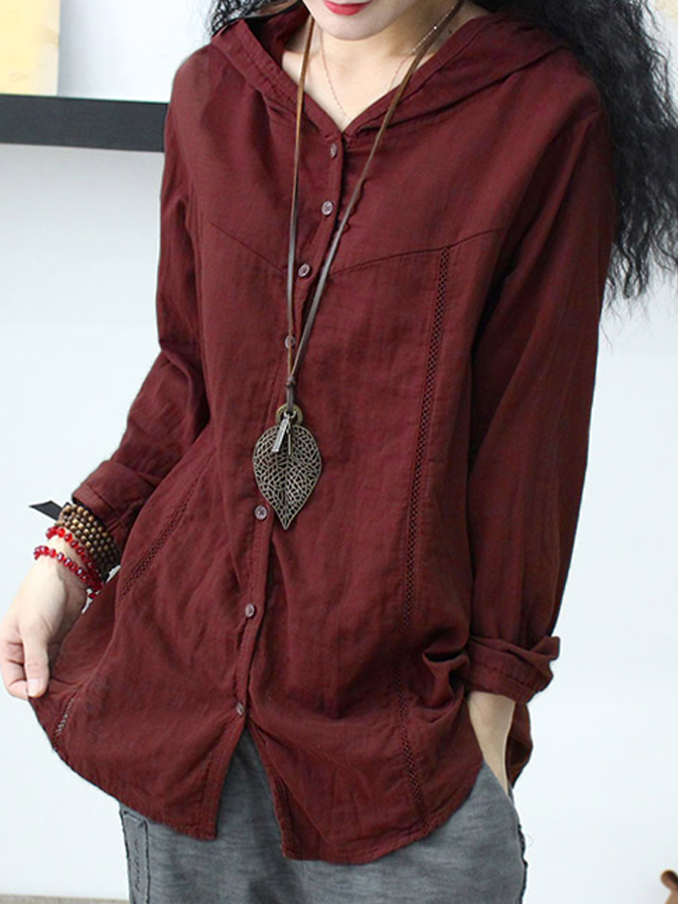 Women Vintage Long Sleeve Buttons Down Solid Hooded Blouse