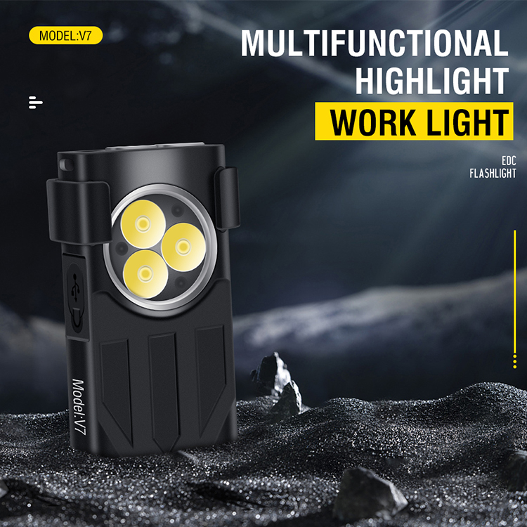 V7 1100 Lumens EDC LED Keychain Flashlight Mini Strong Light Keychain Light Outdoor Rechargeable Super Bright Multifunctional Work Light