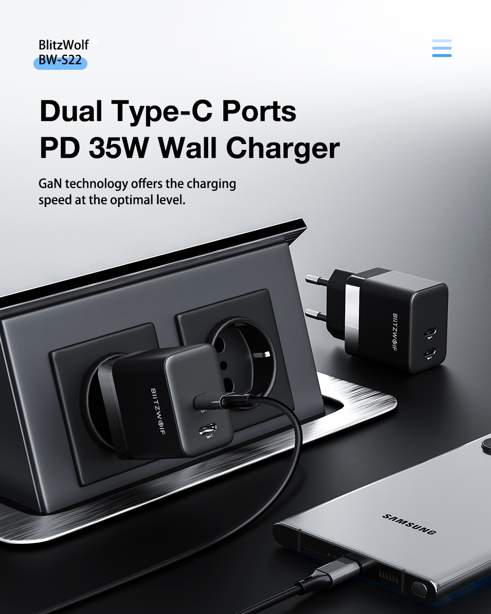 BlitzWolf® BW-S22 35W GaN Dual Type-C Ports Wall Charger + BW-TC24 100W 5A Type-C to Type-C Cable 3ft Long