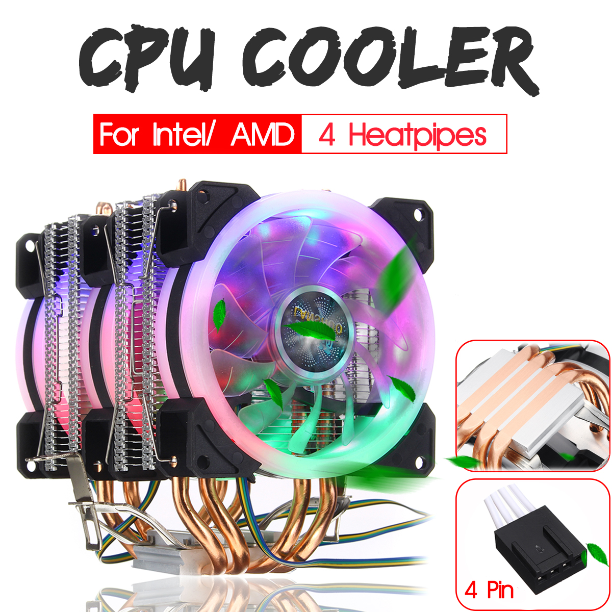 4Pin Three Fans 4-Heatpipes Colorful Backlit CPU Cooling Fan Cooler Heatsink For Intel AMD 8