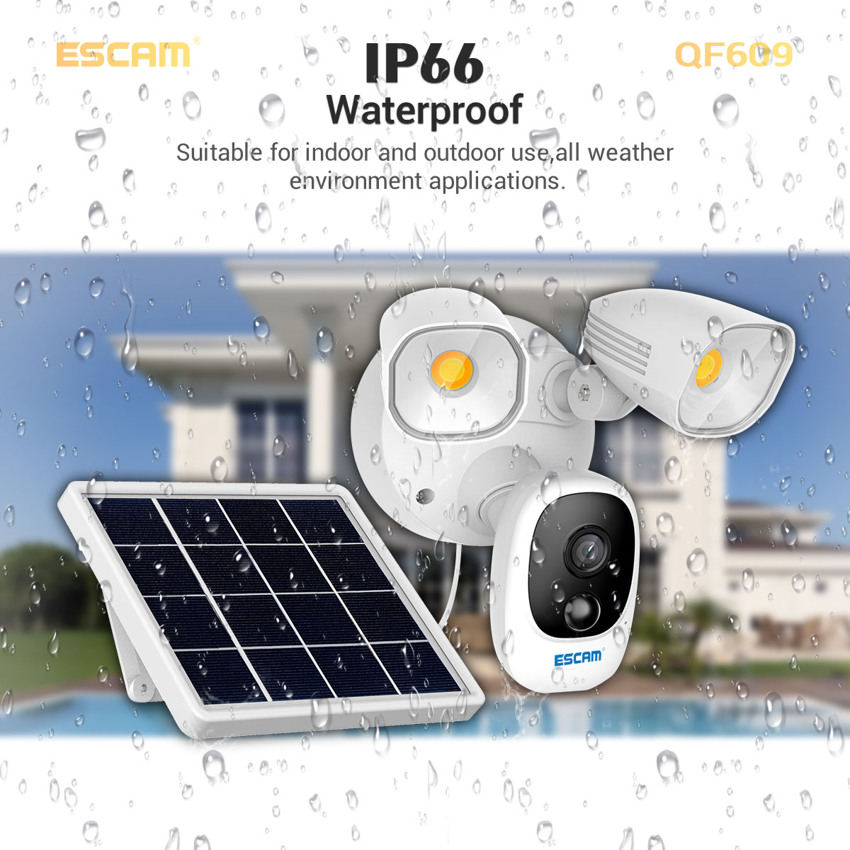 ESCAM QF609 Solar Powered Floodlight 1080P Wireless Battery 1000LM Floodlight Cloud Storage Camera With 12000mAh Rechargeable Batteries Color Night Vision IP66 Waterproof 2-Way Audio Cloud Storage