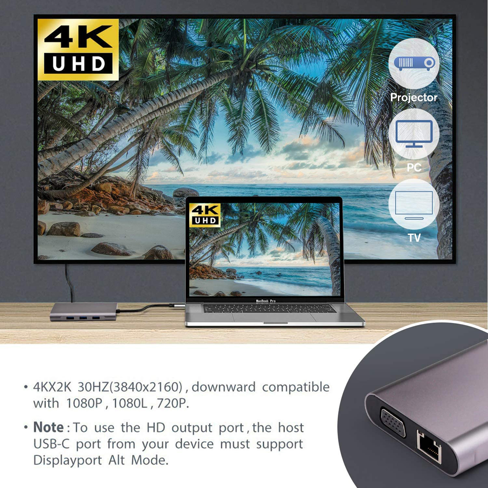 Bakeey 10 In 1 Triple Display USB Type-C Hub Docking Station Adapter With 4K HD Display /1080P VGA / RJ45 Network Port /100W USB-C PD3.0 Power Delivery / USB-C Data Transfer Port /3*USB 3.0 /3.5mm Audio Jack /Memory Card Readers