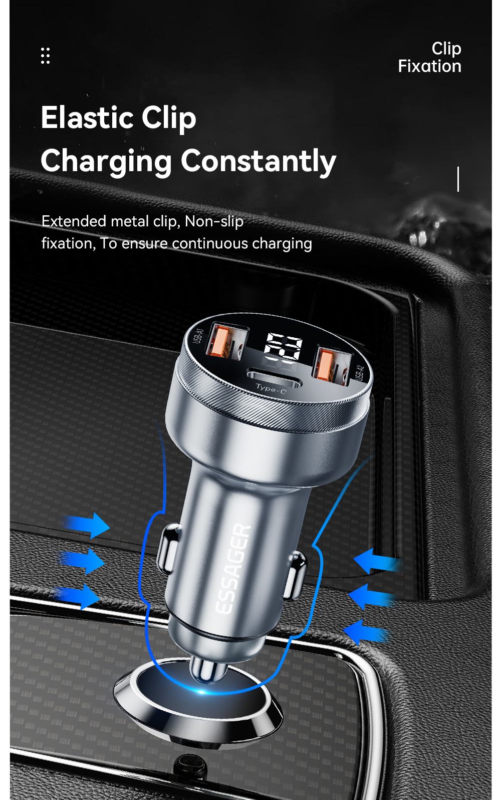 ESSAGER ES-CC10 80W 3-Port USB PD Car Charger Adapter 36W USB-C+Dual 22.5W USB-A Support PPS PD3.0 QC3.0 AFC FCP SCP BC1.2 iP2.4A Fast Charging with Blue LED for iPhone 13 14 14Pro for Huawei Mate50 for Samsung Galaxy S23 for Xiaomi 13pro for Oppo Reno9