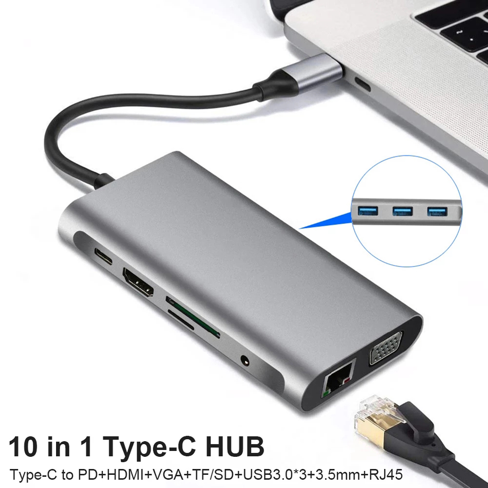 Bakeey 10 In 1 Triple Display USB Type-C Hub Docking Station Adapter With 4K HD Display /1080P VGA / RJ45 Network Port /100W USB-C PD3.0 Power Delivery / USB-C Data Transfer Port /3*USB 3.0 /3.5mm Audio Jack /Memory Card Readers