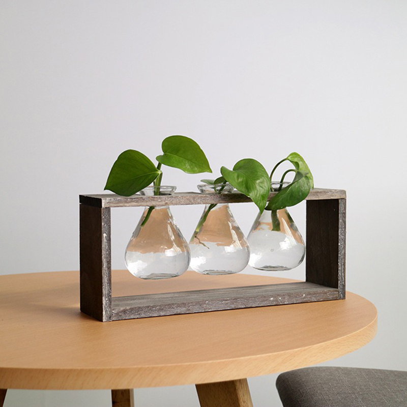  Wood and Glass Creative Hydroponic Living Room Decoration Flower Pot Plant Vase
