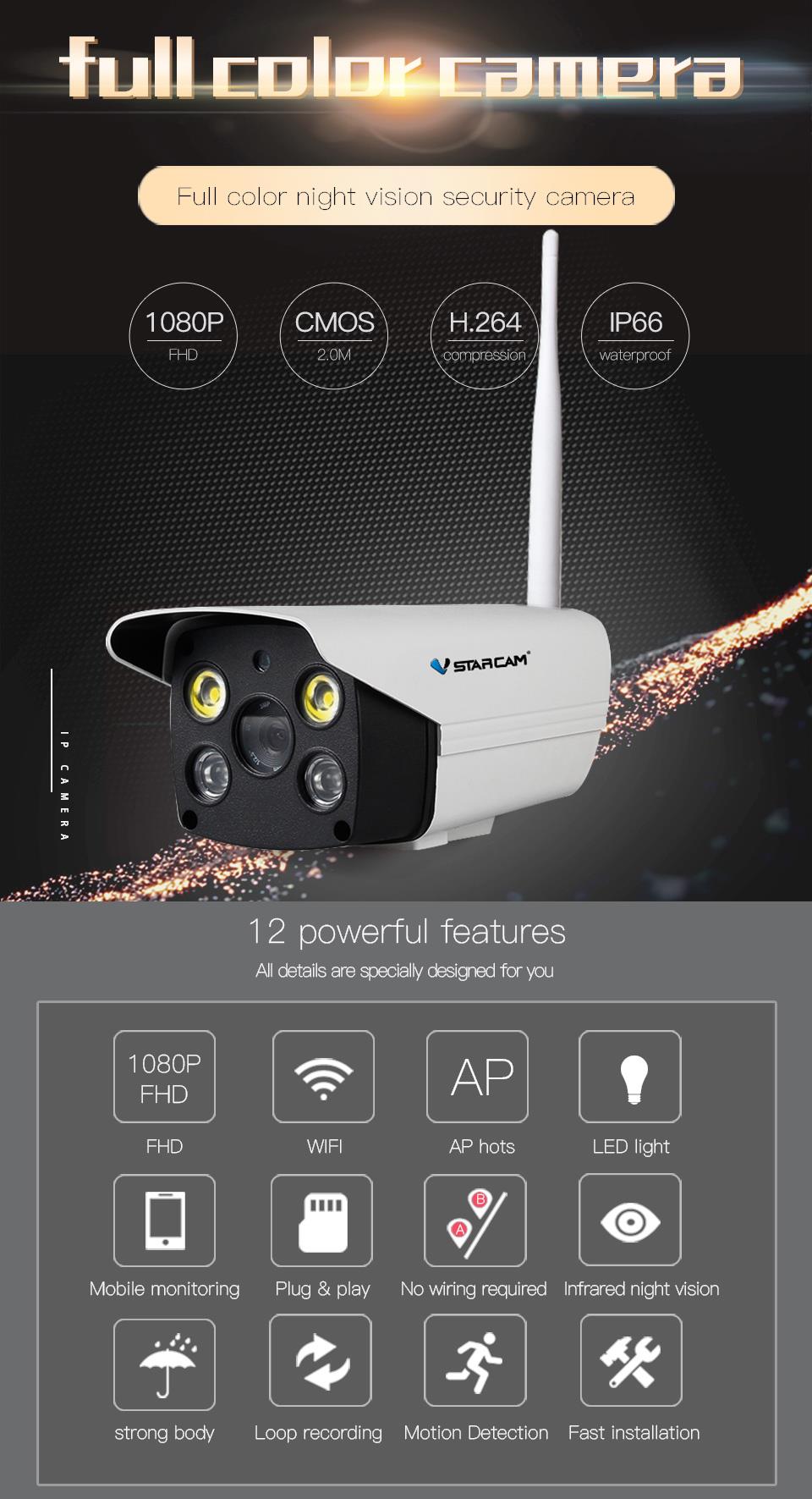 Vstarcam C18S Waterproof IP WiFi Camera AP Hots Pan/Tilt Motion Detection Alarm Push IR CCTV 33