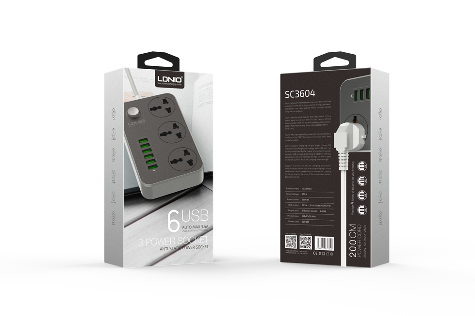 LDNIO 5V 3.4A 3 International Power Socket 6 USB Port 6.56ft/2m EU Plug Charging Socket