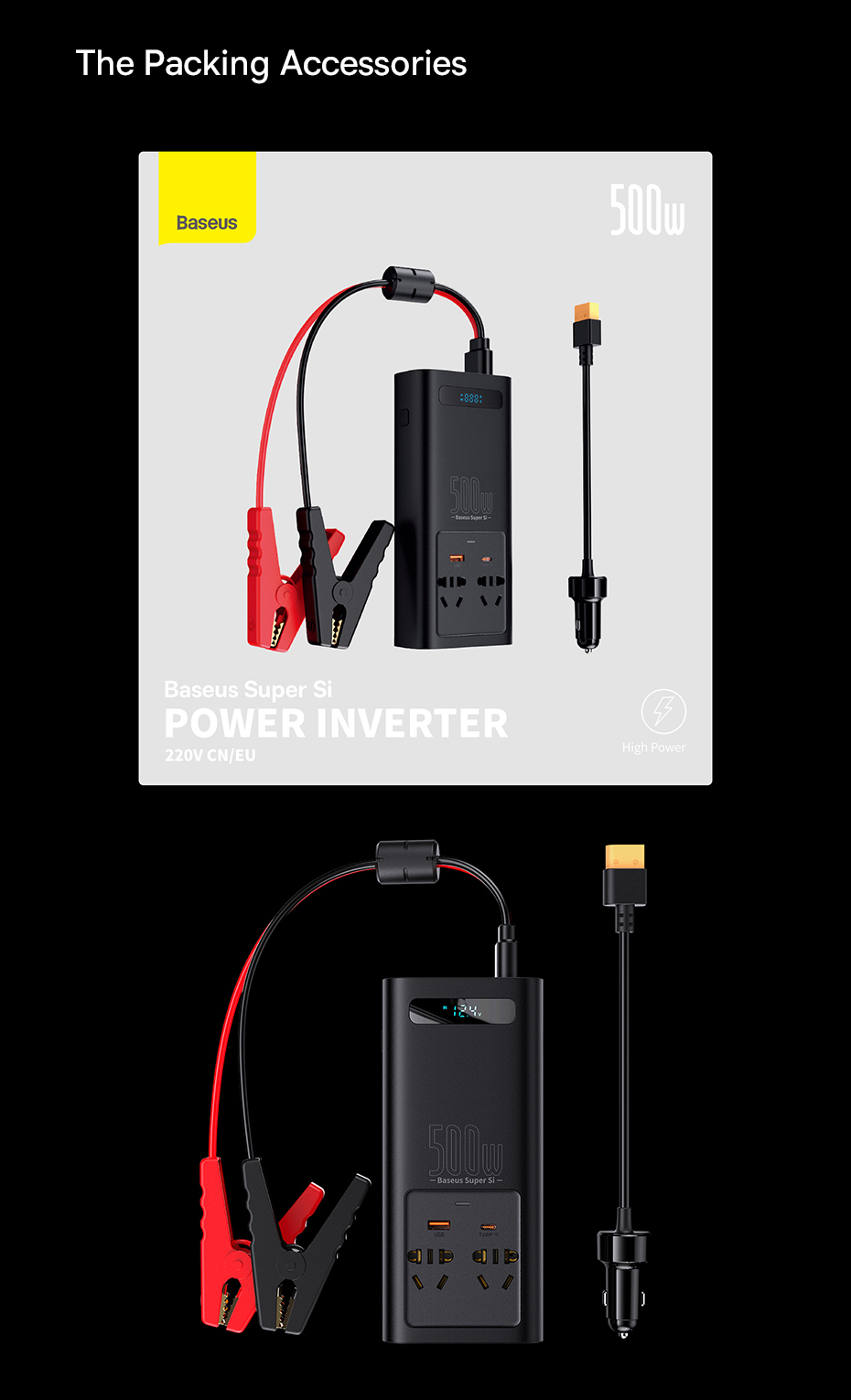 Baseus Super Si Power Inverter 500W 12V to 220V Pure Sine Wave with AC & USB & Type-C 4 Ports Output Car Charger Voltage Booster