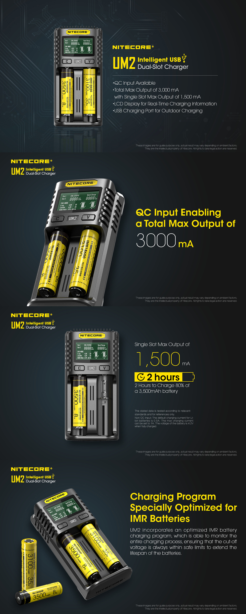 NITECORE UM2 LCD Display 5V/2A Lithium Battery Charger USB QC Smart Rapid Charger For AA AAA 18650 21700 26650