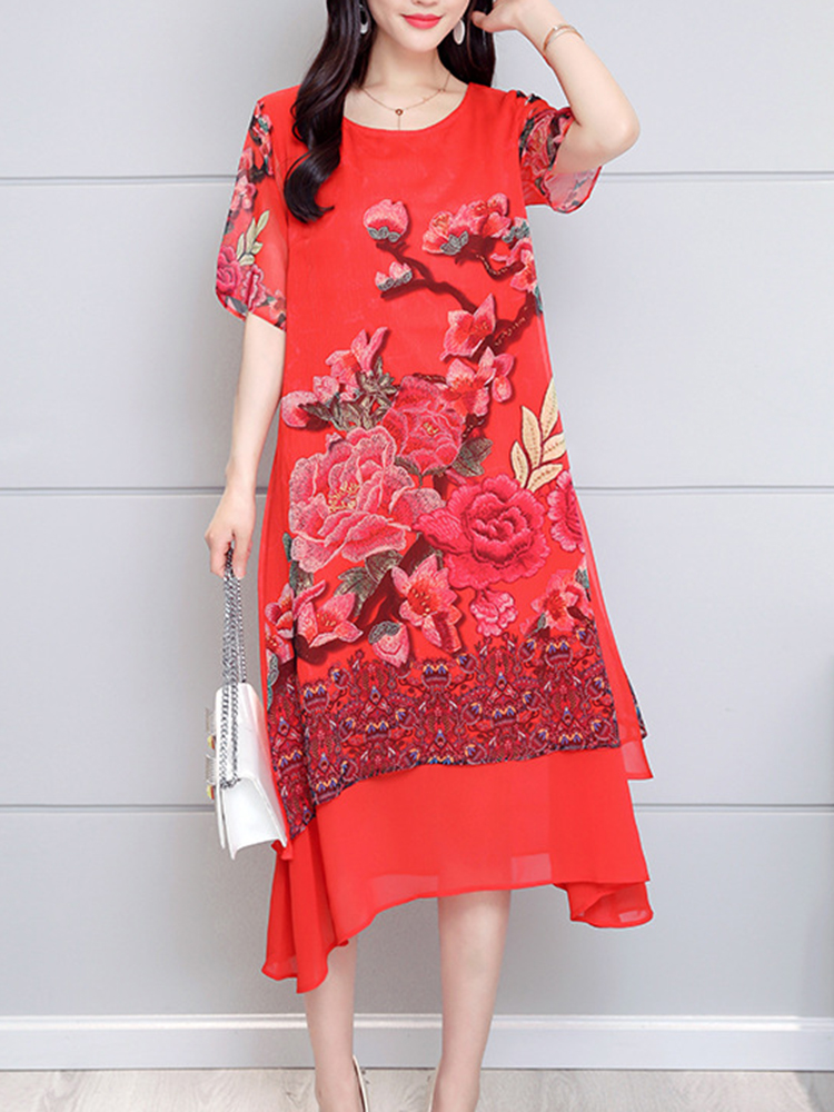 

Китайский стиль Цветочная печать Слоистая Винтаж Платье