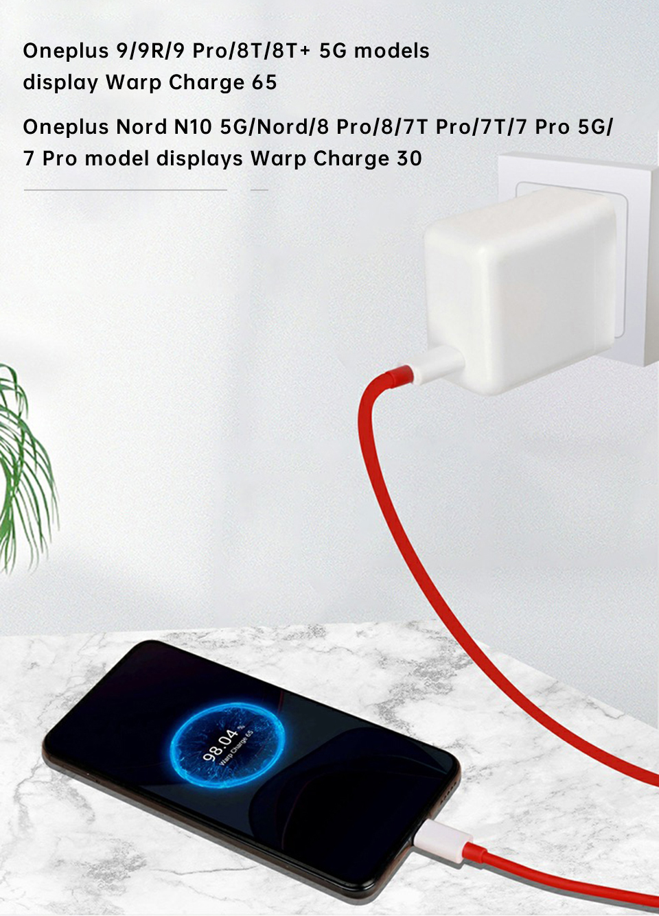 65W Warp Charge USB-C Charger Dash Warp Fast Charging Wall Charger Adapter EU Plug With 65W 6.5A Max USB-C to USB-C Cable For OnePlus 8T OnePlus 9 Pro For iPad Pro 2020 MacBook Air 2020 Mi 10 Huawei P40