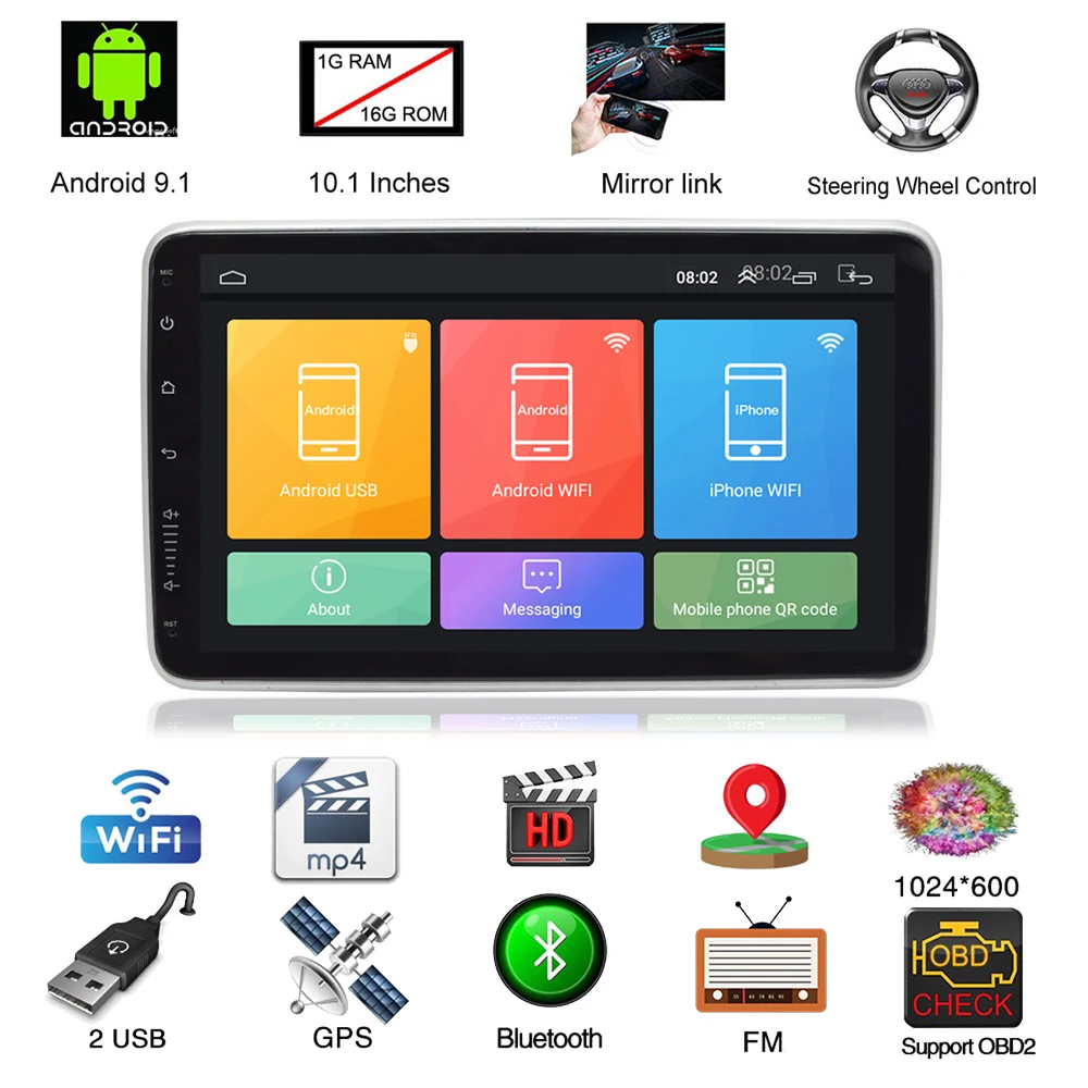 Single DIN Android 9.1 10-inch Touch Screen Car MP5 Multimedia Player GPS WIFI