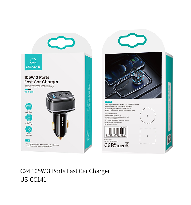USAMS US-CC141 C24 105W 3 Ports Fast Car Charger Adapter 65W USB-C PD QC4.0 20W QC3.0 Support AFC FCP SCP PPS Fast Charging With Blue LED For iPhone 12 12 Mini 12 Pro Max For Samsung Galaxy Note 20 Huawei Mate 40 OnePlus 8T Xiaomi Mi10