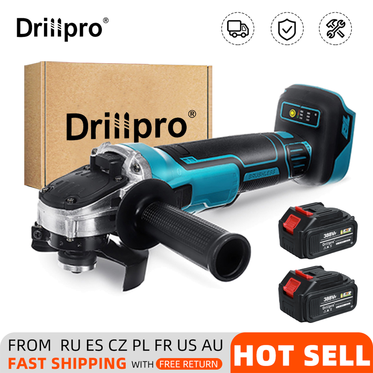 Drillpro 388VF 100mm/125mm Brushless Angle Grinder Rechargeable Electric Cutting Grinding Tool W/ 1/2 Battery