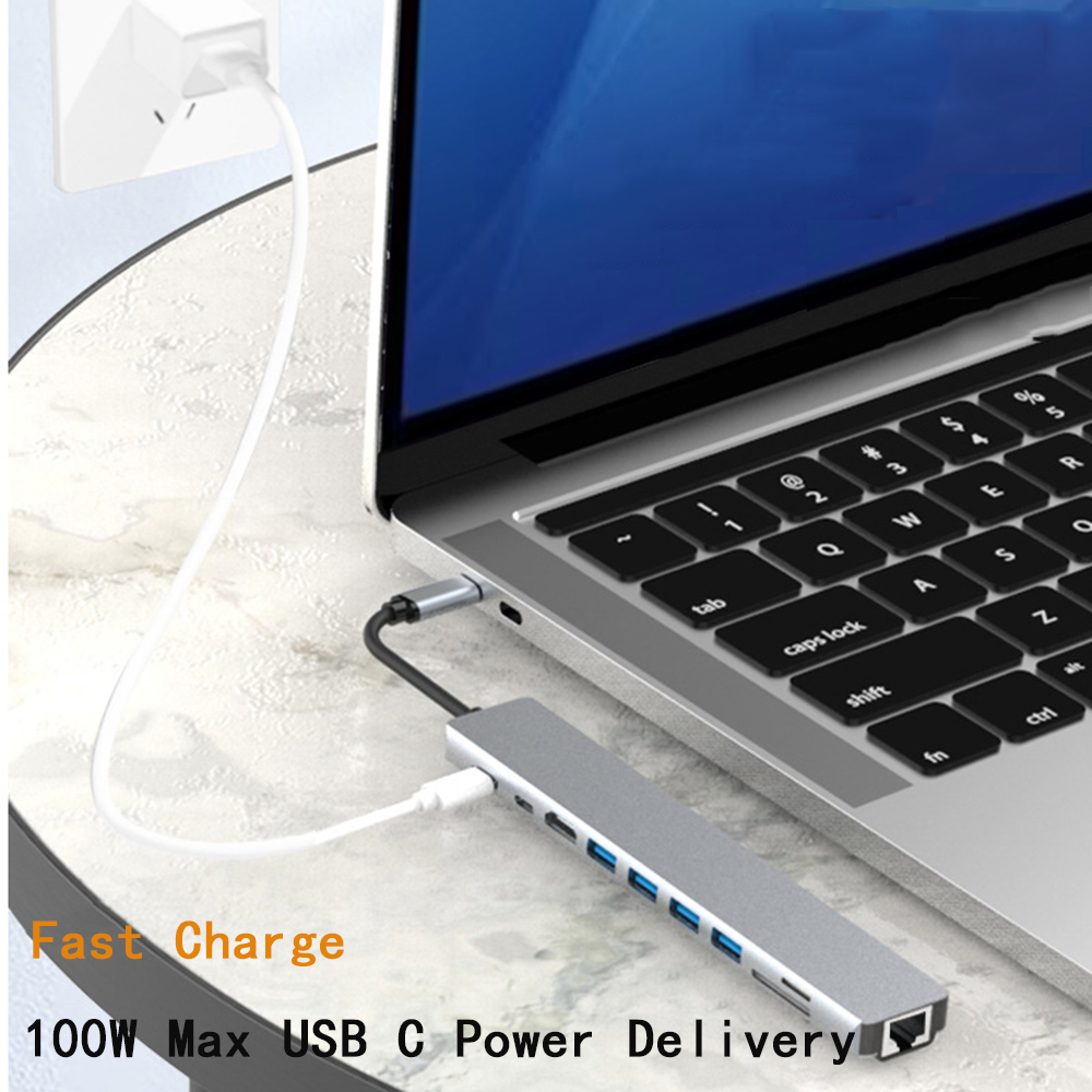 Bakeey 10-in-1 USB-C Docking Station Adapter With 4K@30Hz HD Display / 100W USB-C PD3.0 Power Delivery / USB-C Data Transfer Port / RJ45 Network Port / 3.5mm Audio Jack /4* USB 3.0 / Memory Card Readers
