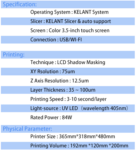 Kelant® S400 LCD-SLA UV Resin 3D Printer with 192*120*200mm Large Build Volume/Dual-rail Z-axis/3.5inch Touch Screen Support WIFI/U-disk Print