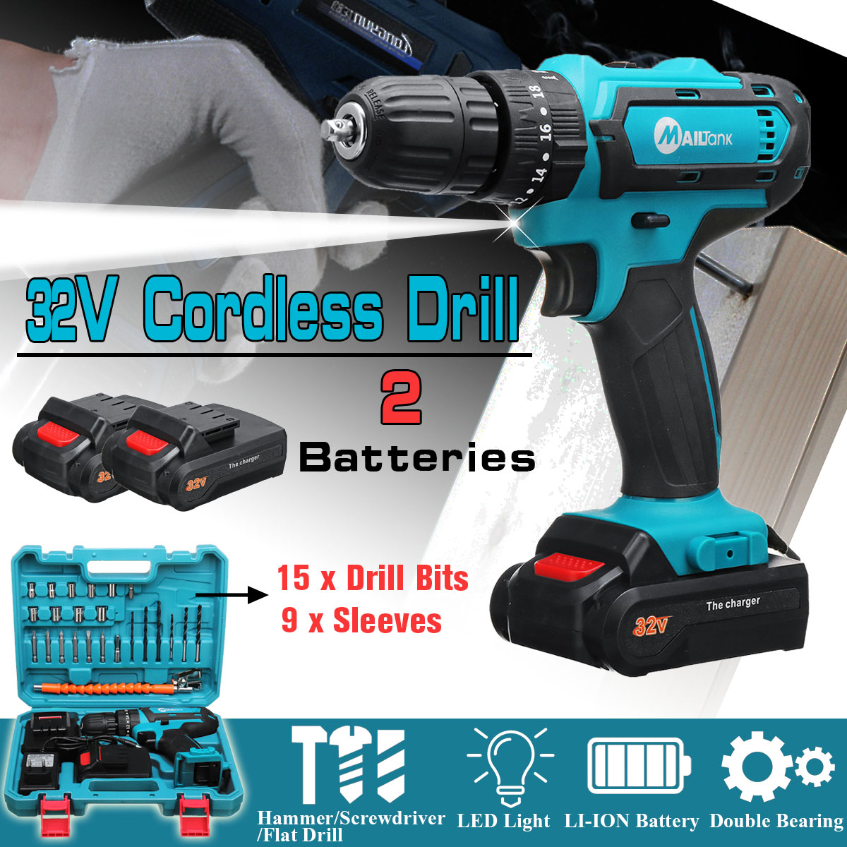 32V 2 Speed Power Drills 6000mah Cordless Drill 3 IN1 Electric Screwdriver Hammer Hand Drill 2 Batteries 17