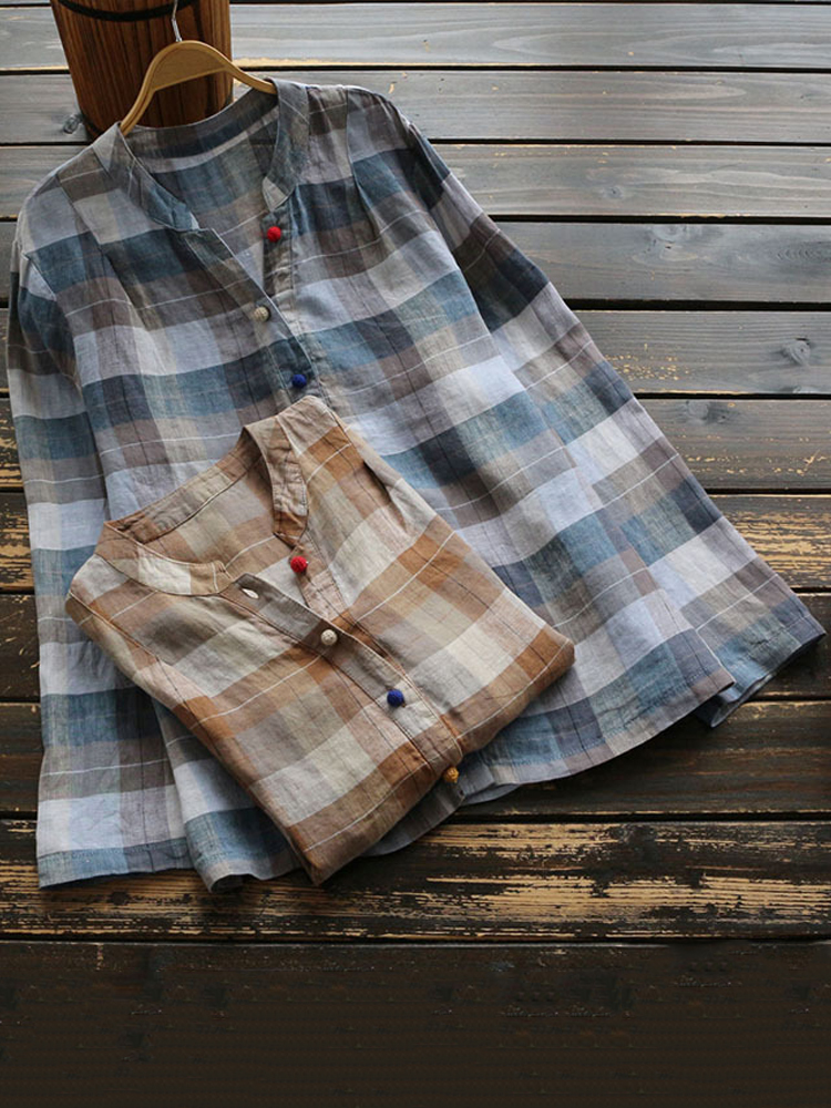 Women Long Sleeve Stand Collar Button Plaid Vintage Blouse