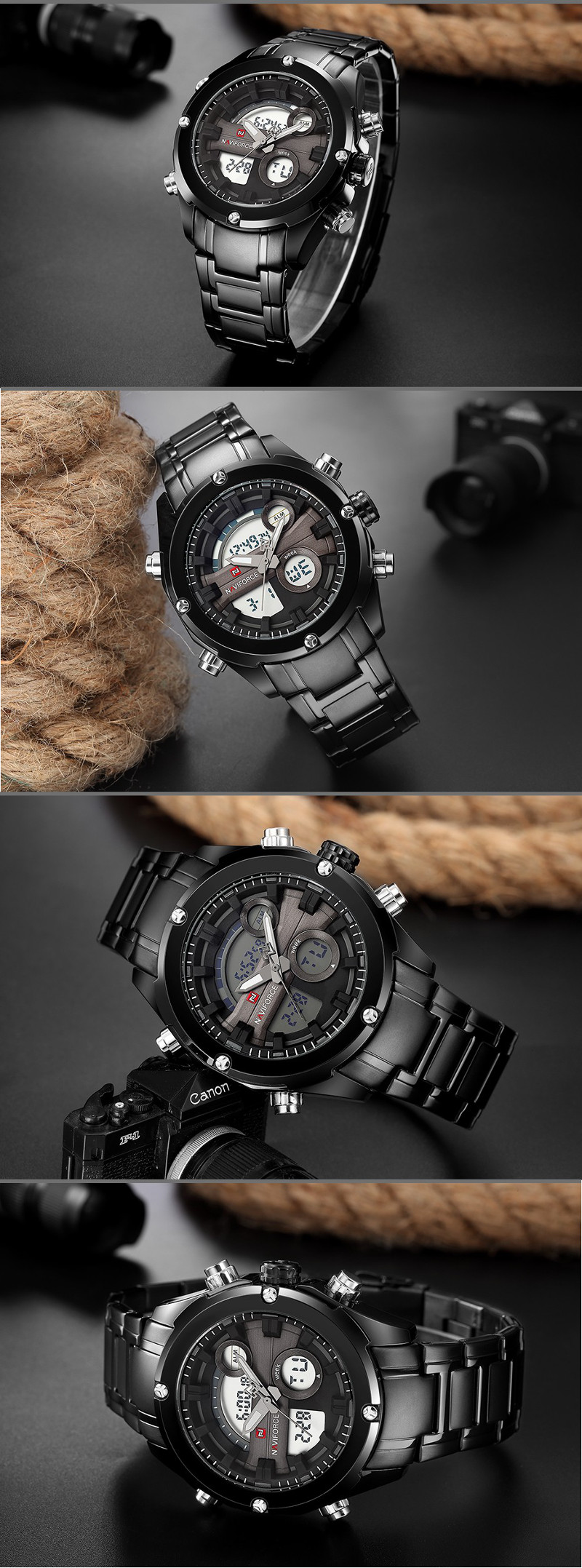 NAVIFORCE NF9088 Moda Men Dual Display Assista Luxo Stainless Strap Sport Watch